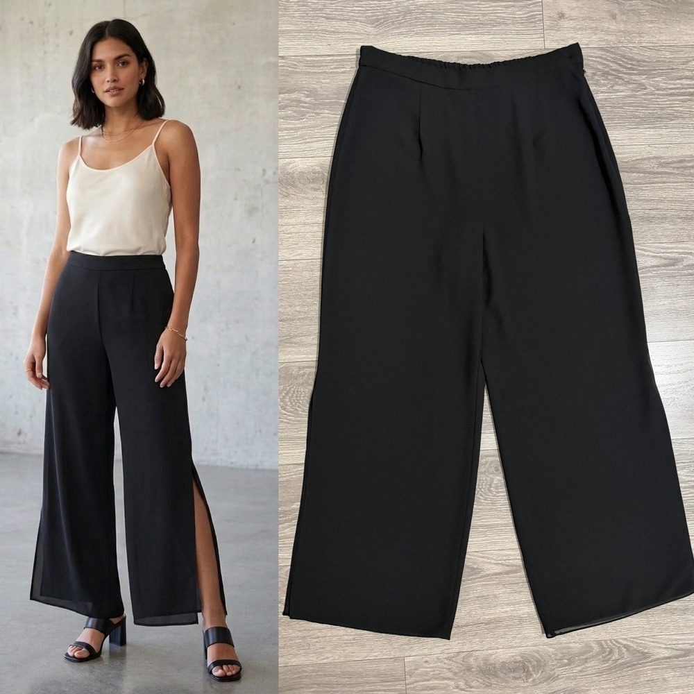 R&M Richards Womens 32x29 Black Wide Leg Side Slit Dress Pants High Rise Chiffon